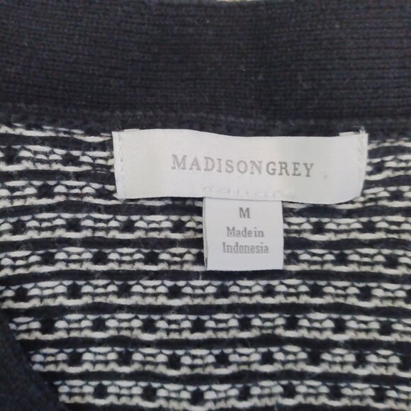 Madison Grey Women’s M Black White Knit Cotton Sweater Toggle V-Neck Long Sleeve - Picture 2 of 7